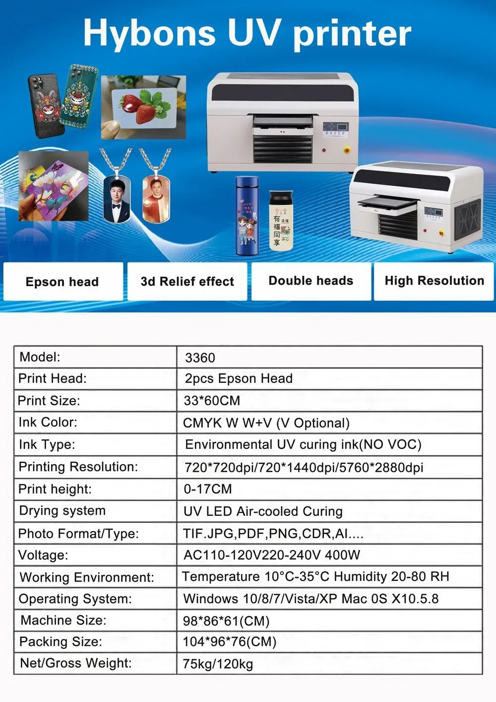Impresora UV 3360 con plataforma de vidrio y doble cabezal - detalle 1