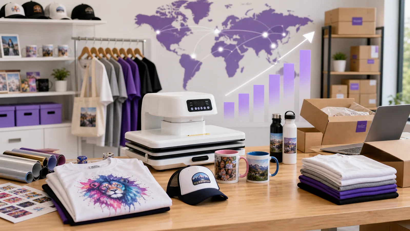Small business heat press customization workspace with garments mugs and packing station