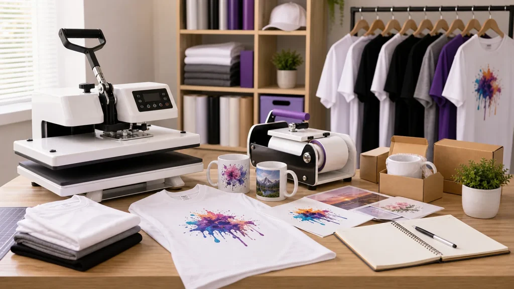 Starter heat press setup for custom T-shirt and mug workshop case sharing