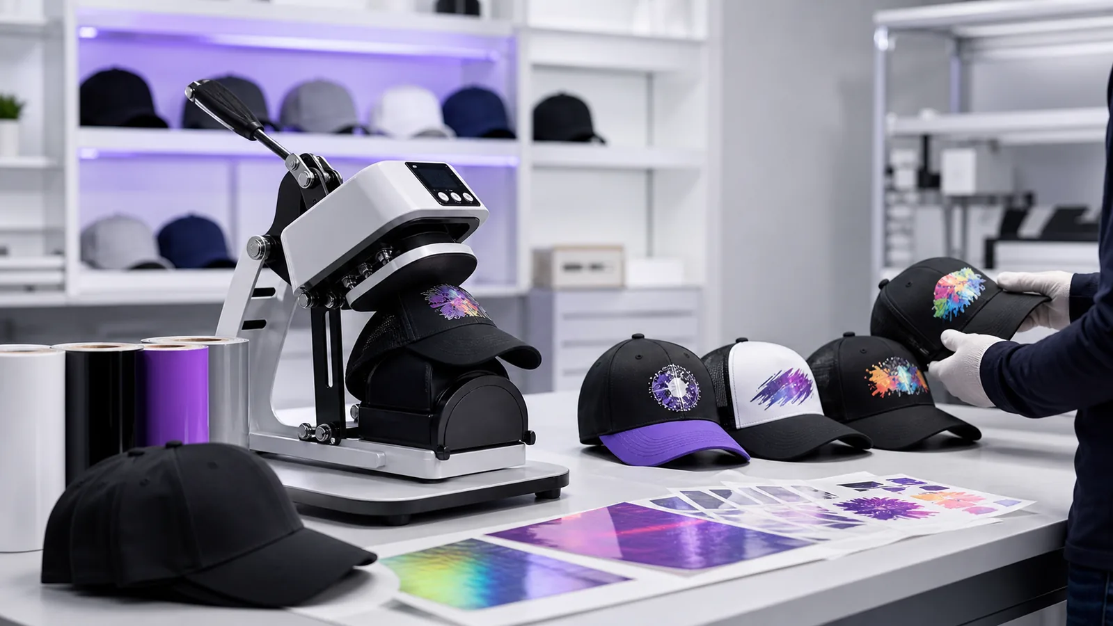 Cap heat press station with blank caps and transfer materials