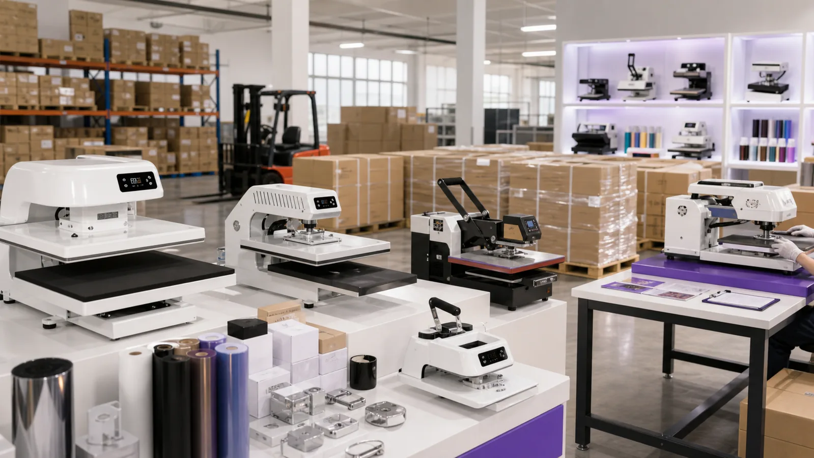 Distributor supply warehouse with heat press machines, cartons, and transfer consumables