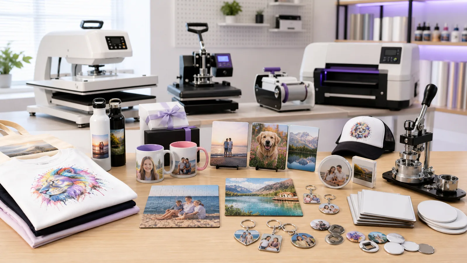 Gift and souvenir customization production table with machines and sample products