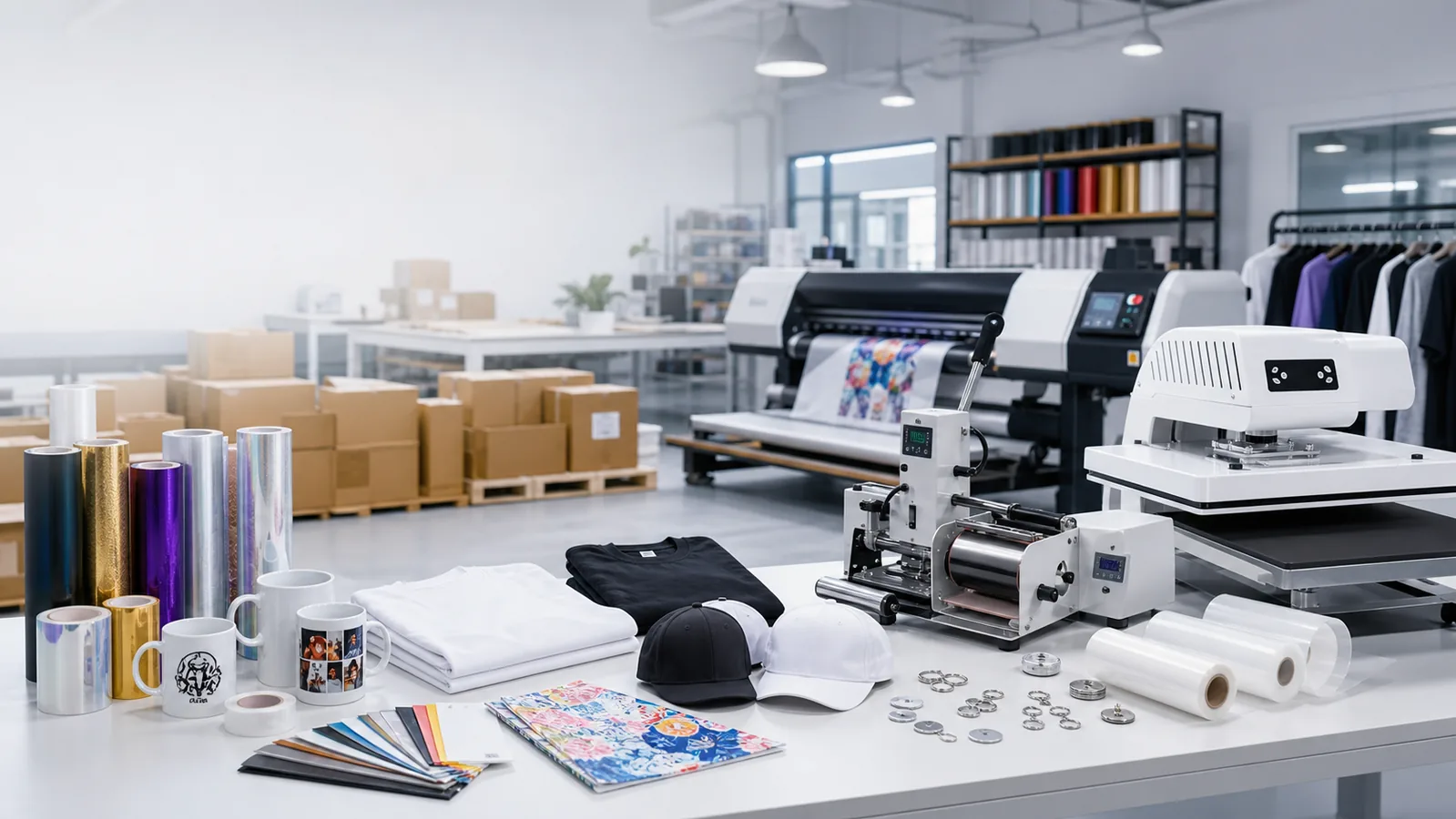 Heat transfer solution hub with machines, consumables, and export-ready product samples