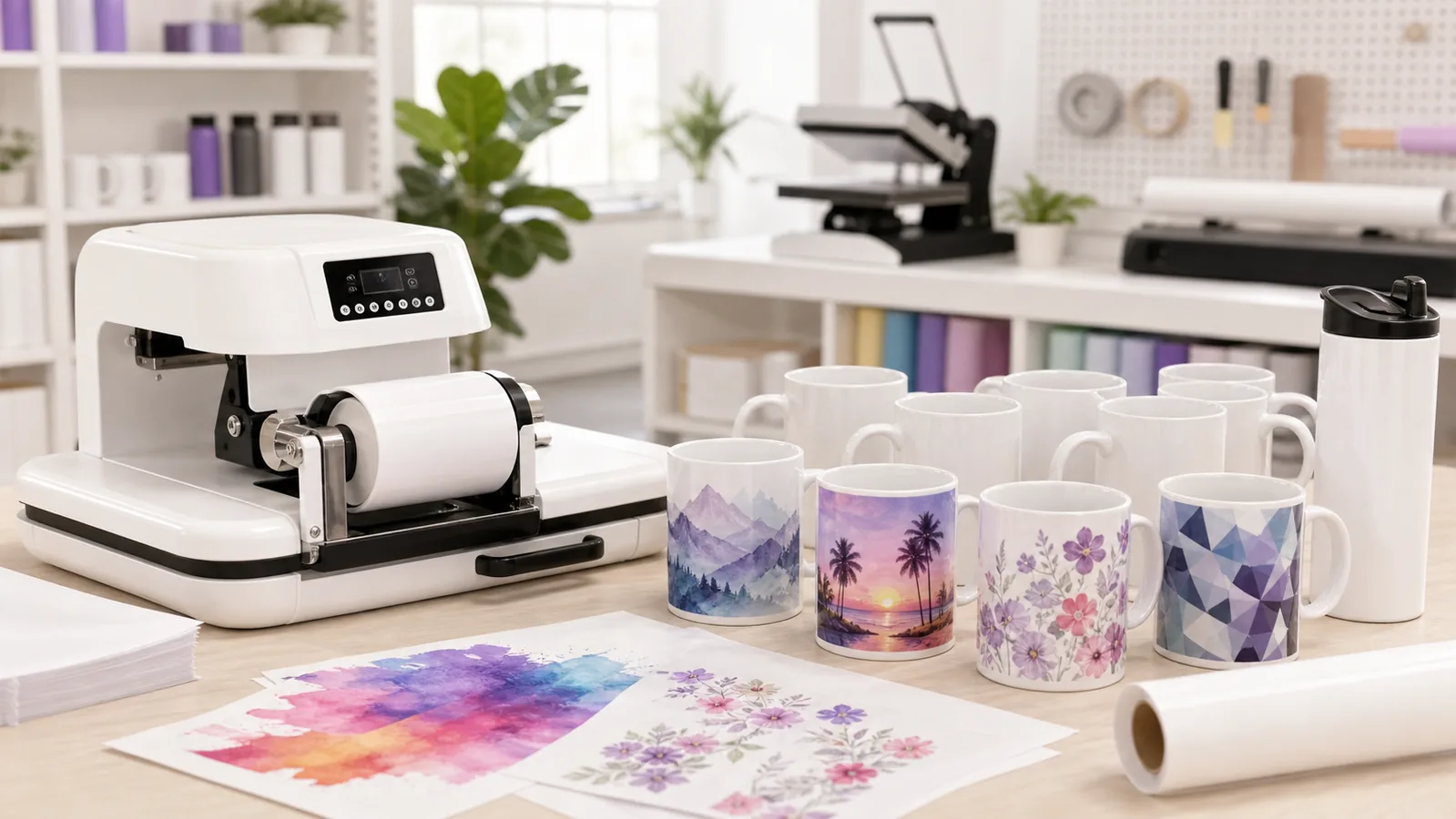 Mug transfer production table with mug press and customized mugs