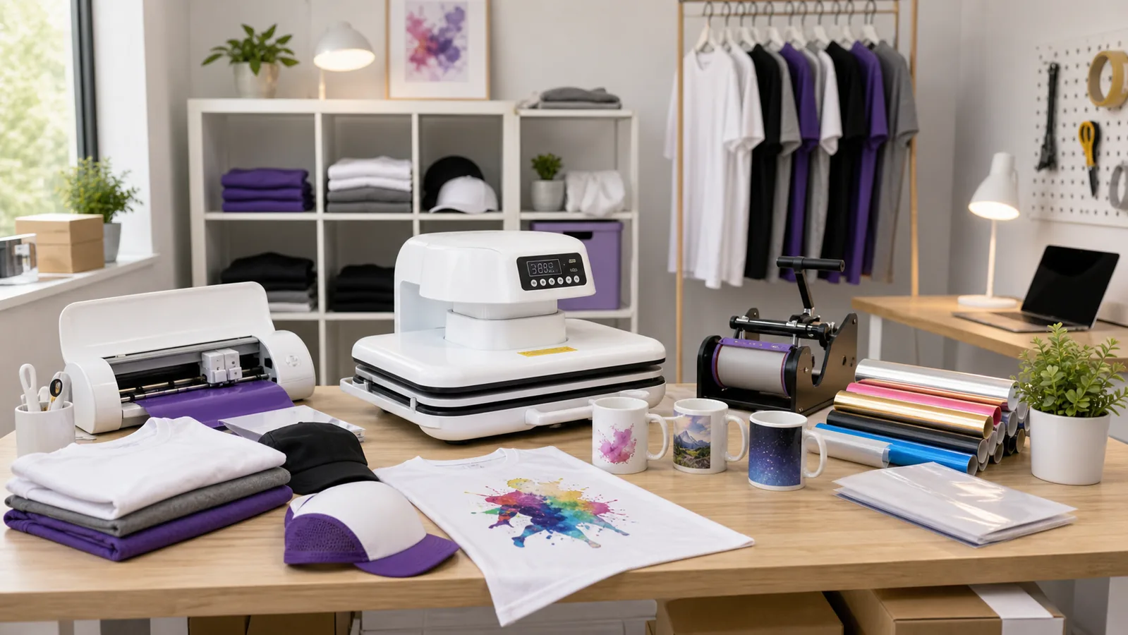 Compact starter workspace with heat press machine and transfer supplies