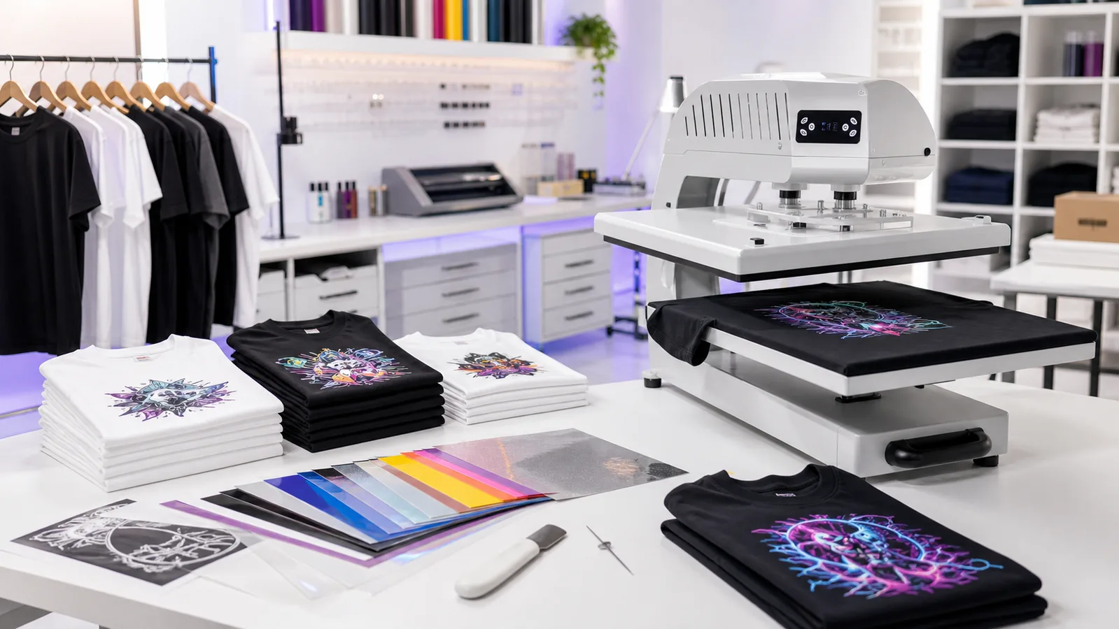 T-shirt heat transfer workshop with heat press machine and transfer materials